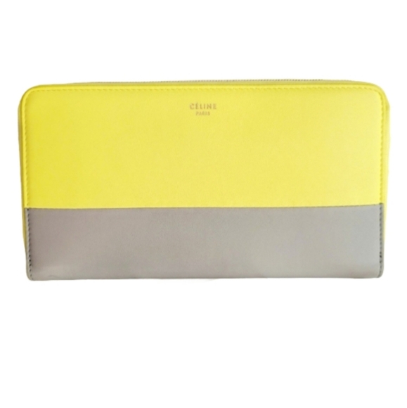 Celine Wallet Leather Bi-color Neon Yellow Beige Continental Large Zippy EUC - Picture 1 of 16
